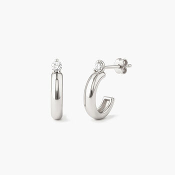 Women's Small Huggie Hoop Stud Earrings With Sparkling Stone In 18k White Gold, 2 of 4
