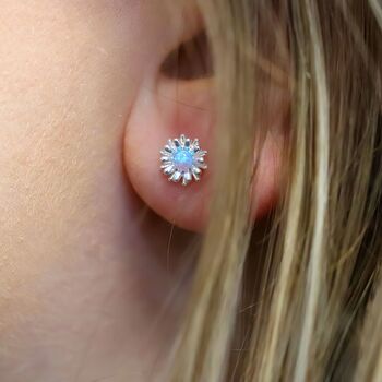 Sterling Silver Blue Opal Daisy Stud Earrings, 7 of 11