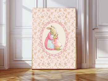 Pink Floral Bunny Rabbit Set Of Two Nursery Art Prints, 2 of 3