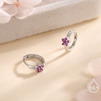 Sterling Silver Ruby Pink Cz Flower Huggie Hoops, 3 of 12