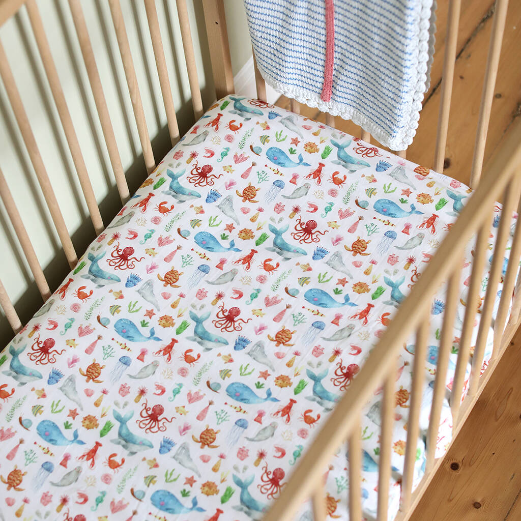 Fitted Muslin Cot Sheet Sea Life By The Fox In The Attic