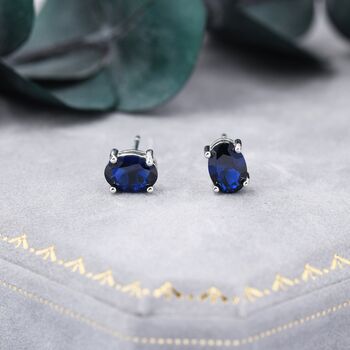 Sapphire Blue Oval Cz Stud Earrings In Sterling Silver, 6 of 12