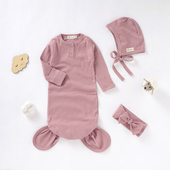 Organic Cotton Baby Gown, Bonnet And Headband Set, 3 of 5