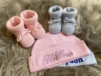 Personalised Newborn Hat And Booties Gift Set, 6 of 7