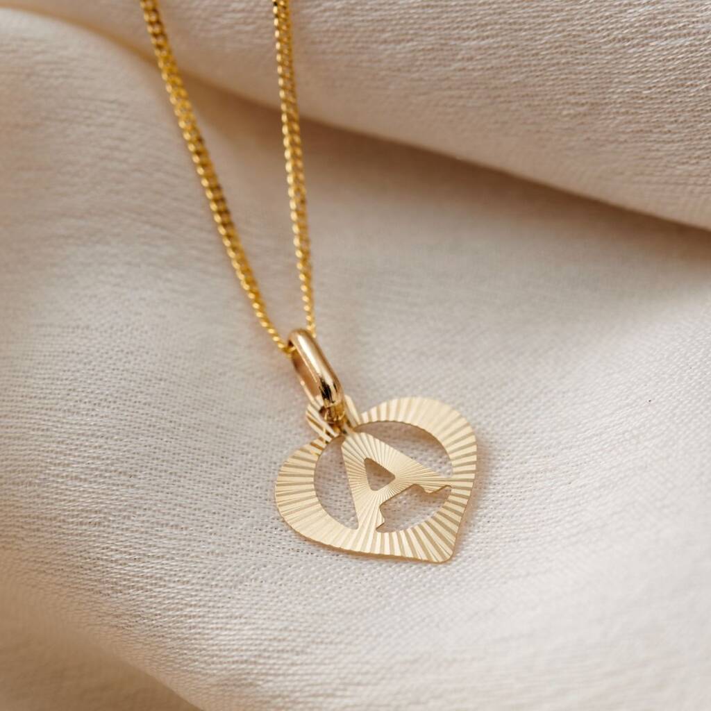 Deco 9ct Gold Heart Initial Charm Necklace, 1 of 3