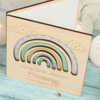 Rainbow Christening Engraved Wooden Greetings Card, 3 of 5