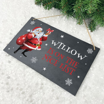 Personalised Cartoon Santa Nice List Slate Hanging Sign 25 X 15cm, 2 of 6