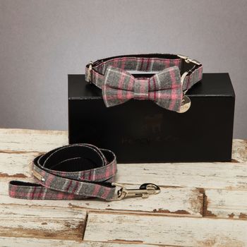 The Winchester Grey Pink Checked Dog Bow Tie Lead Set, 2 of 7