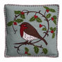 Embroidered Holly Robin Christmas Cushion In Pure Wool, thumbnail 1 of 2