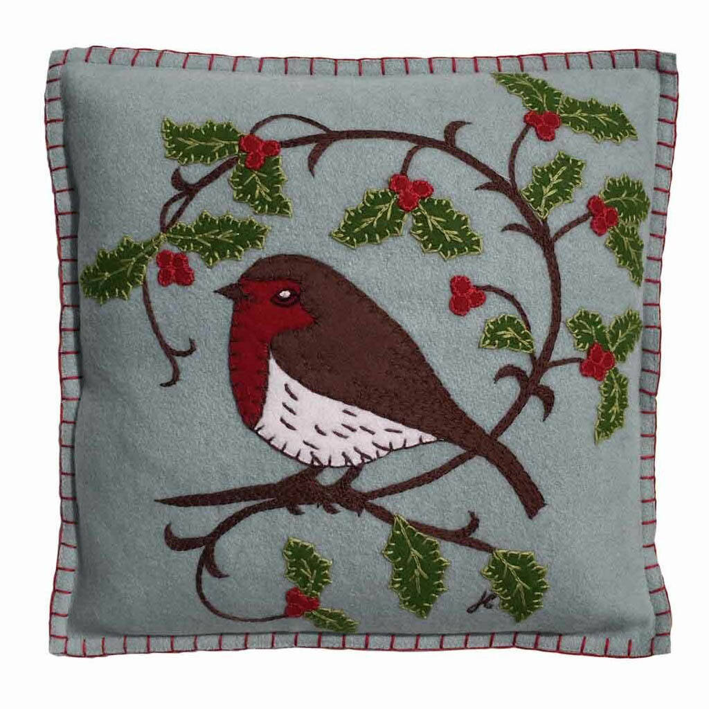 Embroidered Holly Robin Christmas Cushion In Pure Wool, 1 of 2