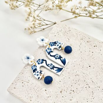 Blue And White Handmade Floral Arch Clay Earrings, 4 of 6