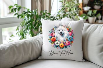 Personalised Samoyed Summer Floral Dog Wreath Cushion And Mug Gift Bundle, 4 of 4