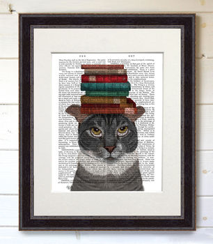 Grey Cat With Books, Book Print, Framed Or Unframed, 2 of 6