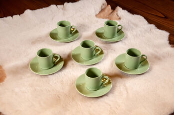 Set Of Six Porcelain Espresso Cup And Saucer Green, 4 of 9