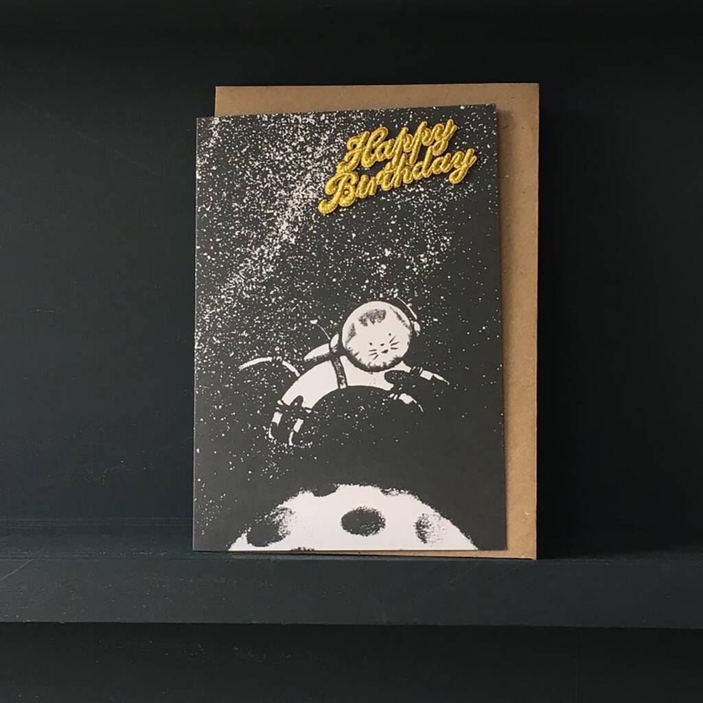 Space Cat Embroidered Happy Birthday Greeting Card By Petra boase Ltd