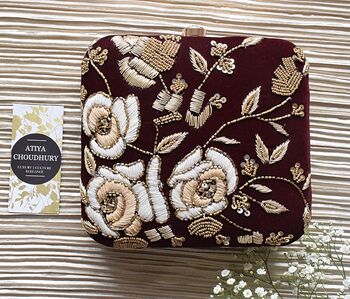 Sajaan, Maroon Velvet Floral Embellished Clutch, 2 of 4