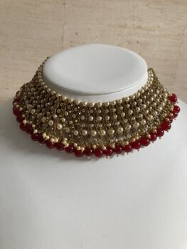 Indian Gold Plated Maroon Pearl Choker Set, 5 of 7