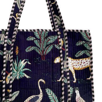 Jungle Print Large Quilted Cotton Tote Bag In Navy Blue, 4 of 5