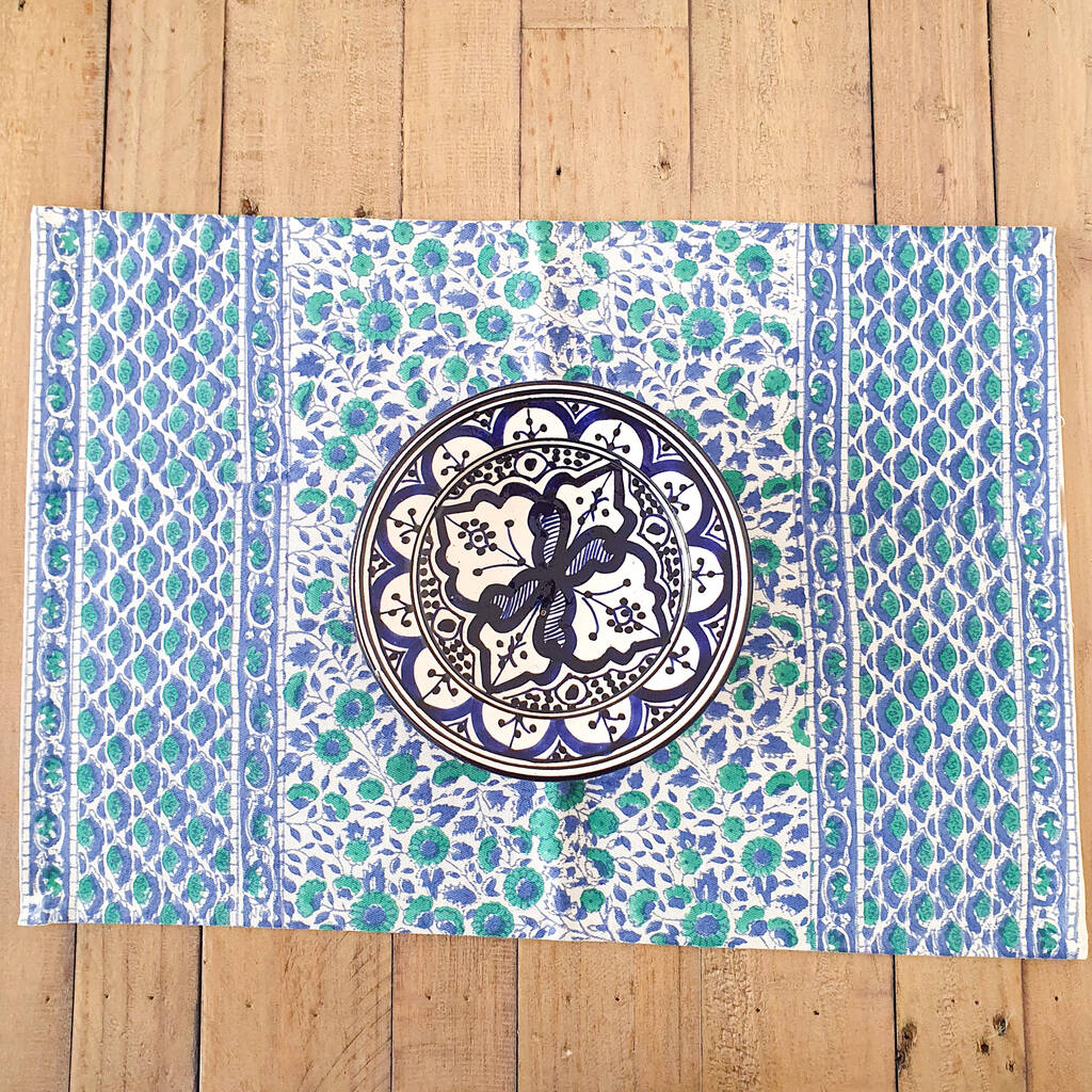 Fair Trade Block Printed Placemats, Blue Green Dining Table Mats, Handmade In India, 1 of 3