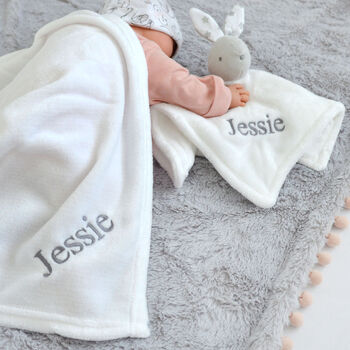 Personalised White Bunny Comforter And White Blanket Set, 3 of 7