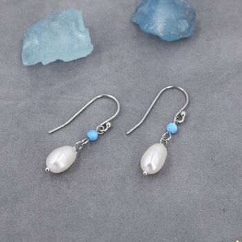 Sterling Silver Genuine Freshwater Pearl And Blue Opal Drop Earrings, 7 of 12