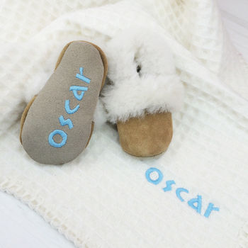 Personalised Lambswool And Sheepskin Cosy Baby Gift Set, 6 of 9