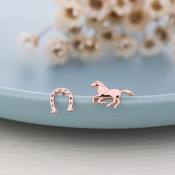 Tiny Mismatched Running Horse And Horseshoe Stud Earrings In Sterling Silver, 4 of 12