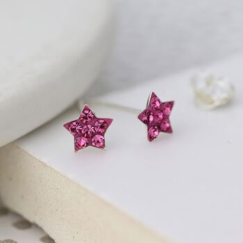 Sterling Silver Twinkling Pink Cz Star Stud Earrings, 3 of 8