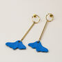 Gold Bar Drop Stud Earrings With Blue Petals, thumbnail 4 of 4