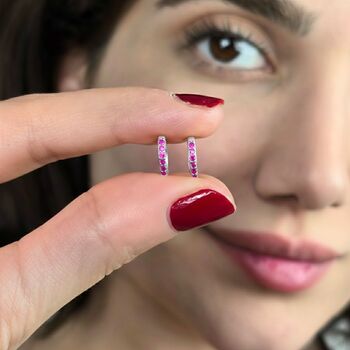 Ruby July Birthstone Small Huggie Hoop Silver Earrings, 3 of 5