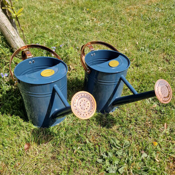 Pair Of Heritage Blue And Copper Watering Cans, 2 of 12