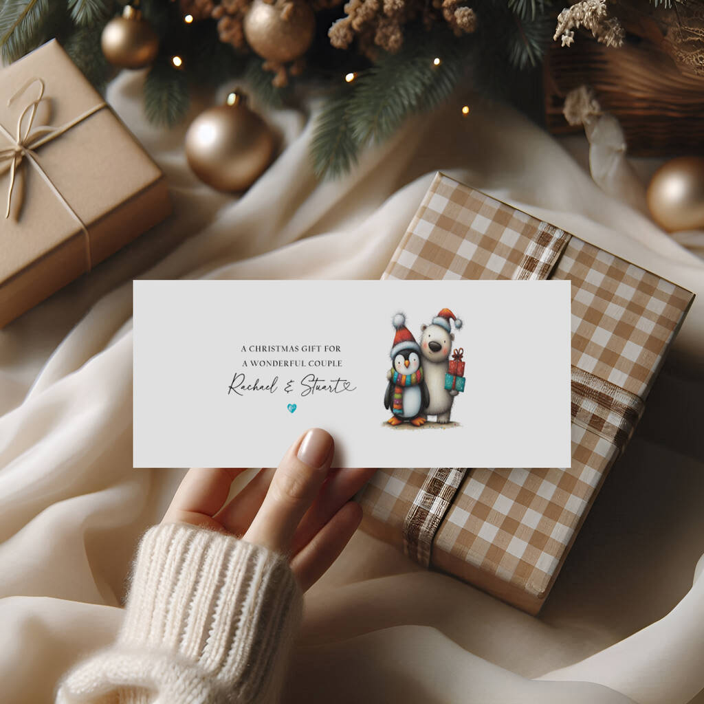 Polar Bear And Penguin Couple Christmas Money Wallet, 1 of 2