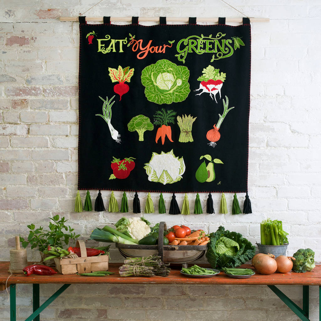 Eat Your Greens Hand Embroidered Veggies Wall Hanging, 1 of 2