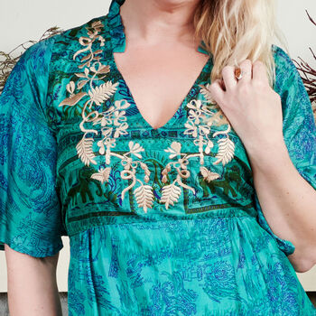 Zaria Silk Print Embroidered Green Dress 13, 3 of 9