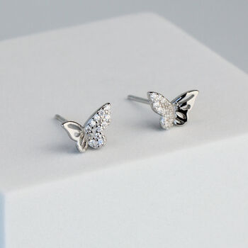 Sterling Silver Sparkly Wing Butterfly Stud Earrings, 2 of 4