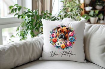 Personalised Red Staffordshire Bull Terrier Summer Floral Dog Wreath Cushion And Mug Bundle, 4 of 4