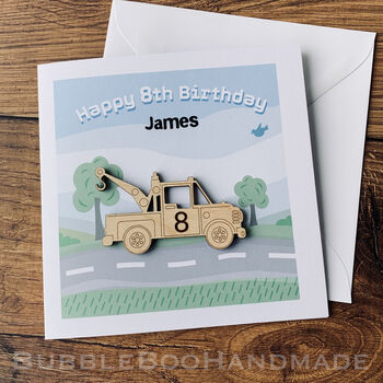 Personalised Birthday Card With Wooden Tow Truck Keepsake, 2 of 4