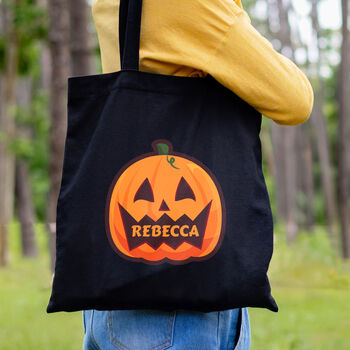 Personalised Pumpkin Halloween Treats Black Tote Bag, 2 of 3