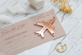 Beige Wedding Boarding Pass Save The Date With Rose Gold Magnetic Plane, 6 of 7