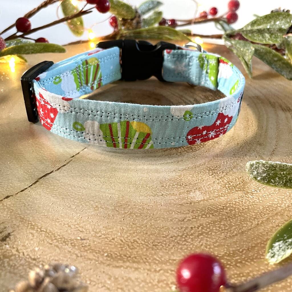 Blue Christmas Stockings Dog Collar By Charlie and Boo