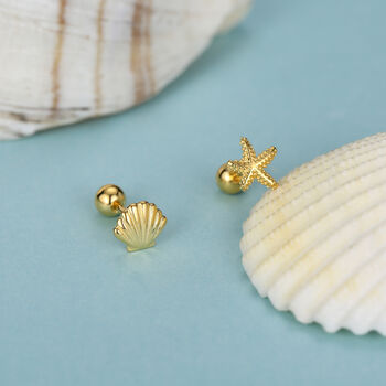 Sterling Silver Starfish And Shell 18 G Screw Back Stud Earrings, 4 of 12