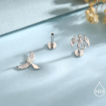 Mismatched Phoenix And Dragon Internally Threaded Flat Back Earrings In Sterling Silver, 3 of 12
