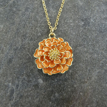 Marigold Orange Flower Pendant Necklace, Gold Tone, 4 of 5