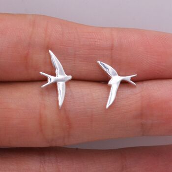 Sterling Silver Mismatched Asymmetric Swallow Bird Silhouette Stud Earrings, 5 of 11