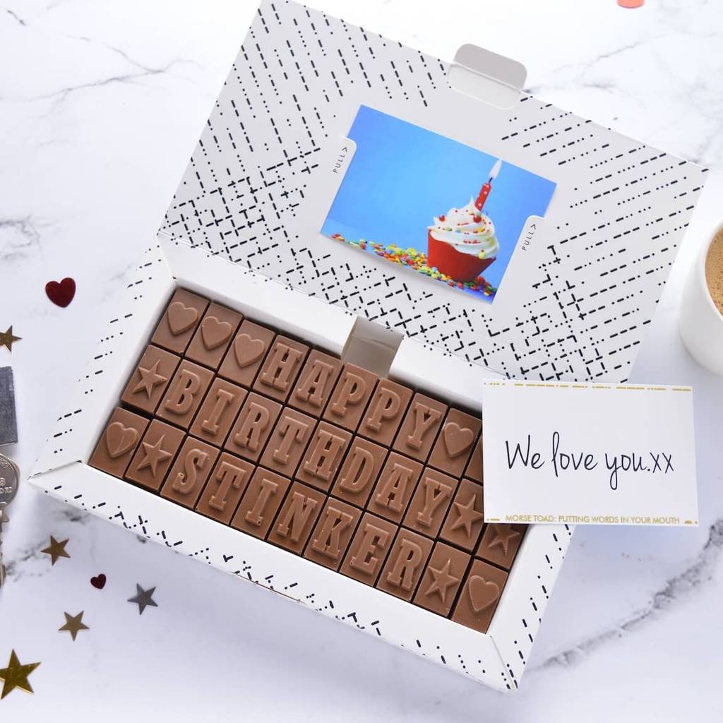 personalised chocolate birthday card by morse toad chocolate messaging
