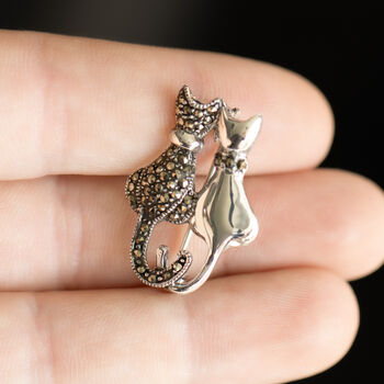 Sweet Companionship Sterling Silver Marcasite Cats Brooch, 2 of 7