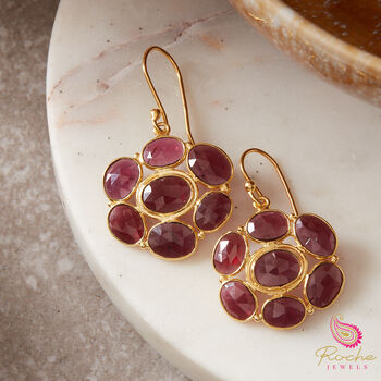 Red Garnet Cluster Circle 18 K Gold Plated Hook Earrings, 3 of 10
