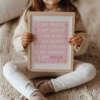 Girls Affirmation Pink Themed Personalised Wall Print Set For Bedroom Or Nursery, 2 of 5