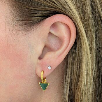 'The Triangle' Green Onyx Hoop Gold Plated Earrings, 2 of 6