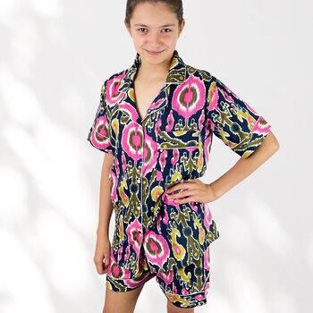 Ikat Print 100% Cotton Ladies Pyjama Short Set In Navy And Pink, 2 of 6